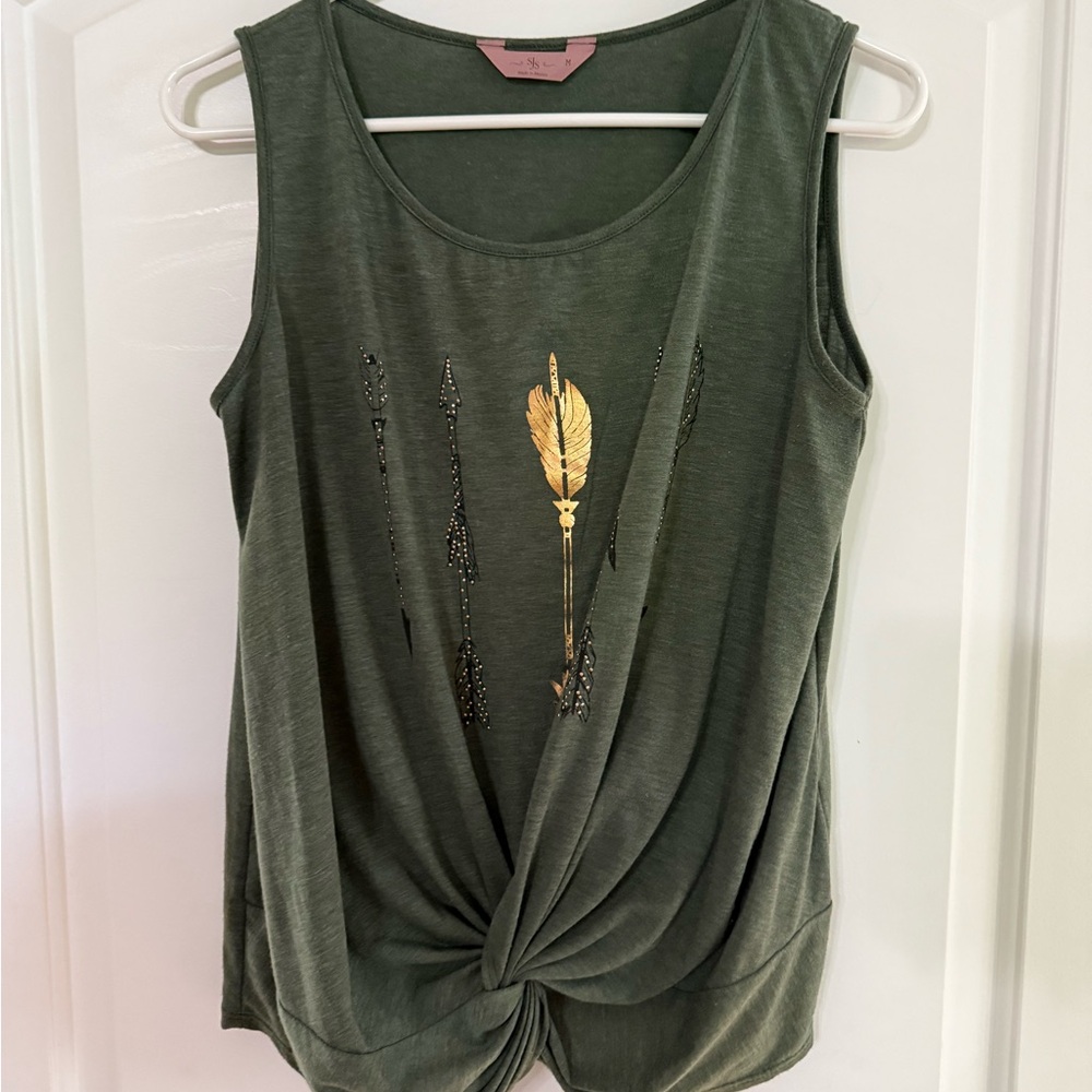 SJS Green Sleeveless Tie Front Tank Top